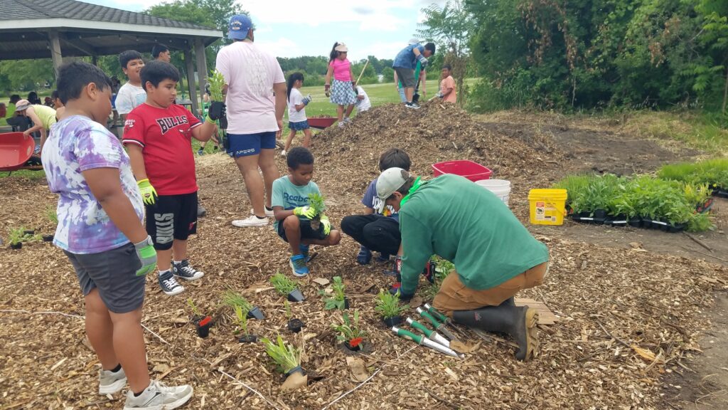 Planting and mulching with Youth and Family Center children